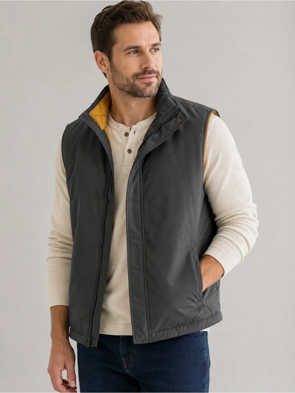 Levi's Dark Gray Quilted Vest with Yellow Trim S